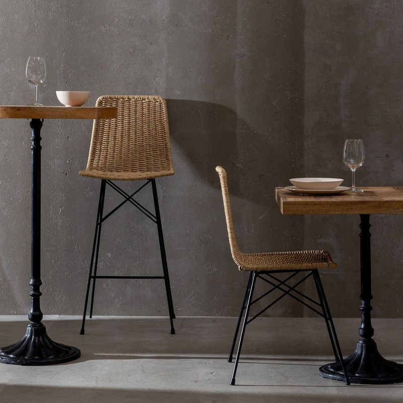 Tabouret de bar extérieur bohème Naturel Tressé Métal Noir Vaeli 