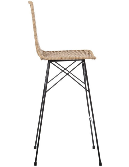 Tabouret de bar extérieur bohème Naturel Tressé Métal Noir Vaeli 