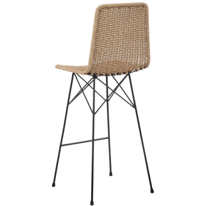 Tabouret de bar extérieur bohème Naturel Tressé Métal Noir Vaeli 