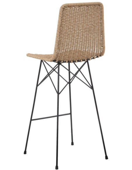 Tabouret de bar extérieur bohème Naturel Tressé Métal Noir Vaeli 