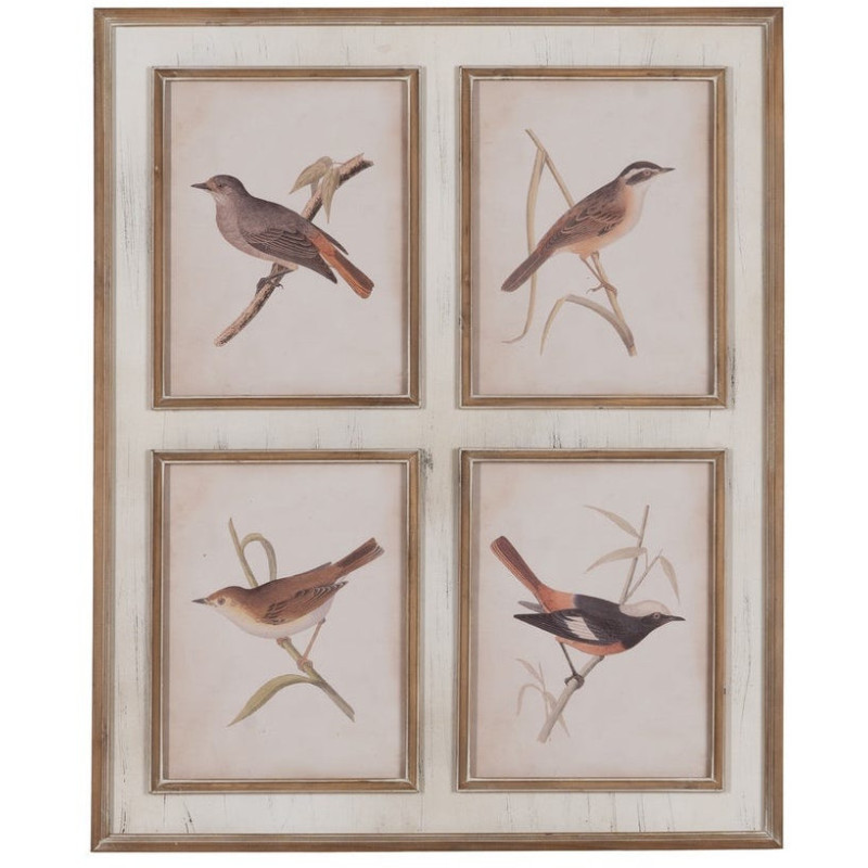 Tableau mural imprimé sous verre 4 Oiseaux Cadre Bois de sapin naturel 72x88 Navek