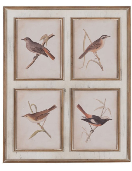 Tableau mural imprimé sous verre 4 Oiseaux Cadre Bois de sapin naturel 72x88 Navek