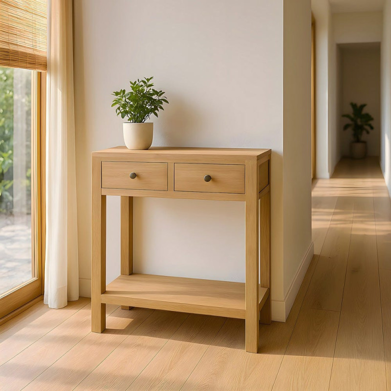 Petite console rustique chic 2 tiroirs 70 cm Naturel Nakel 