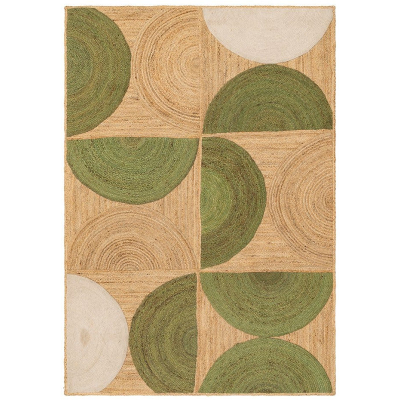 Grand Tapis bohème chic géométrique Rectangulaire 200x290 Naturel Vert Beige Tressé Vayel