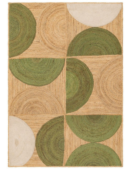 Grand Tapis bohème chic géométrique Rectangulaire 200x290 Naturel Vert Beige Tressé Vayel