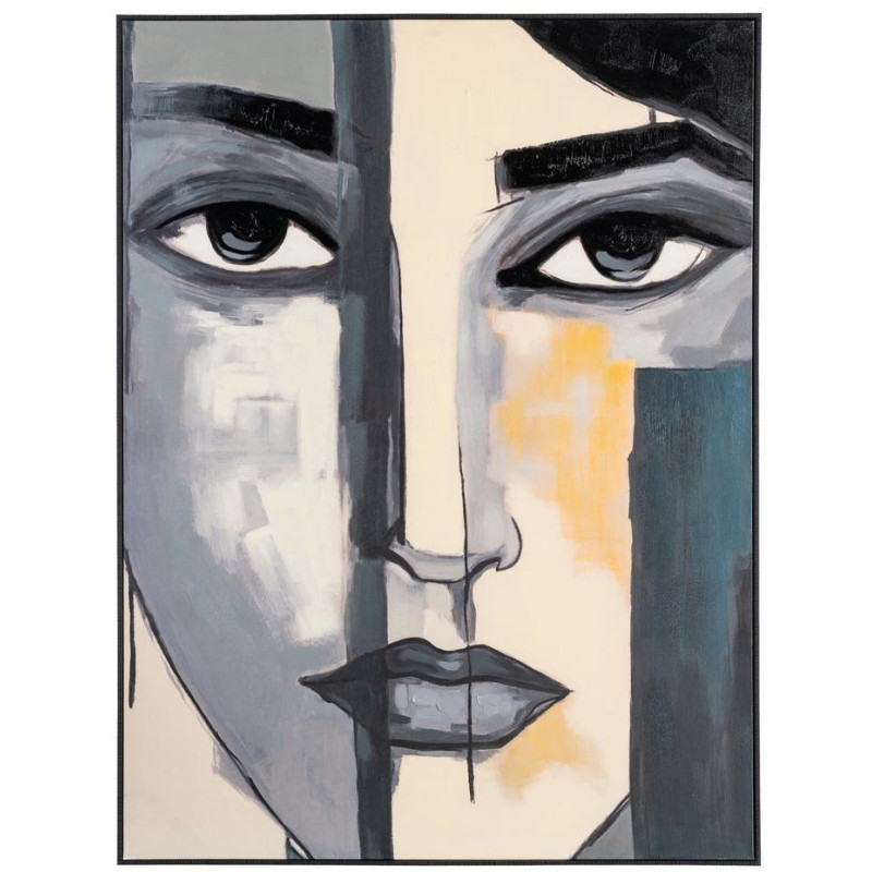 Grande Toile murale peinte figurative Visage Femme Cadre PS noir 92x122 Feyon 