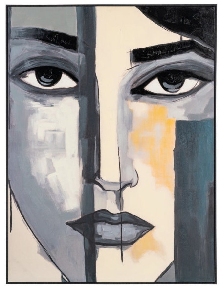 Grande Toile murale peinte figurative Visage Femme Cadre PS noir 92x122 Feyon 