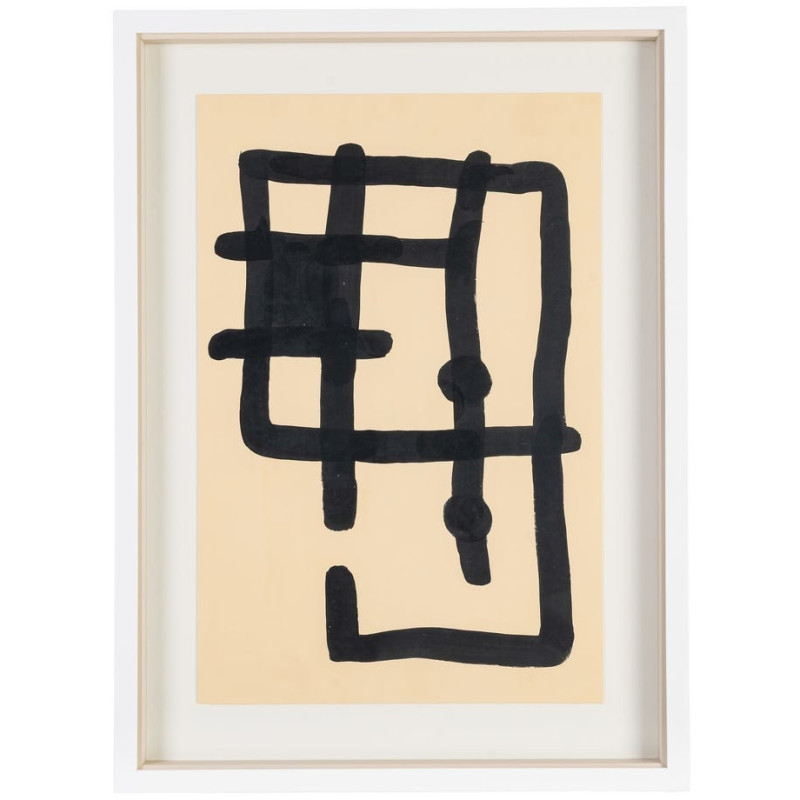 Tableau mural peint sous verre abstrait Noir & Beige Cadre Bois blanc naturel Coyan (Lot de 2) 