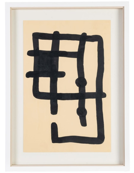 Tableau mural peint sous verre abstrait Noir & Beige Cadre Bois blanc naturel Coyan (Lot de 2) 