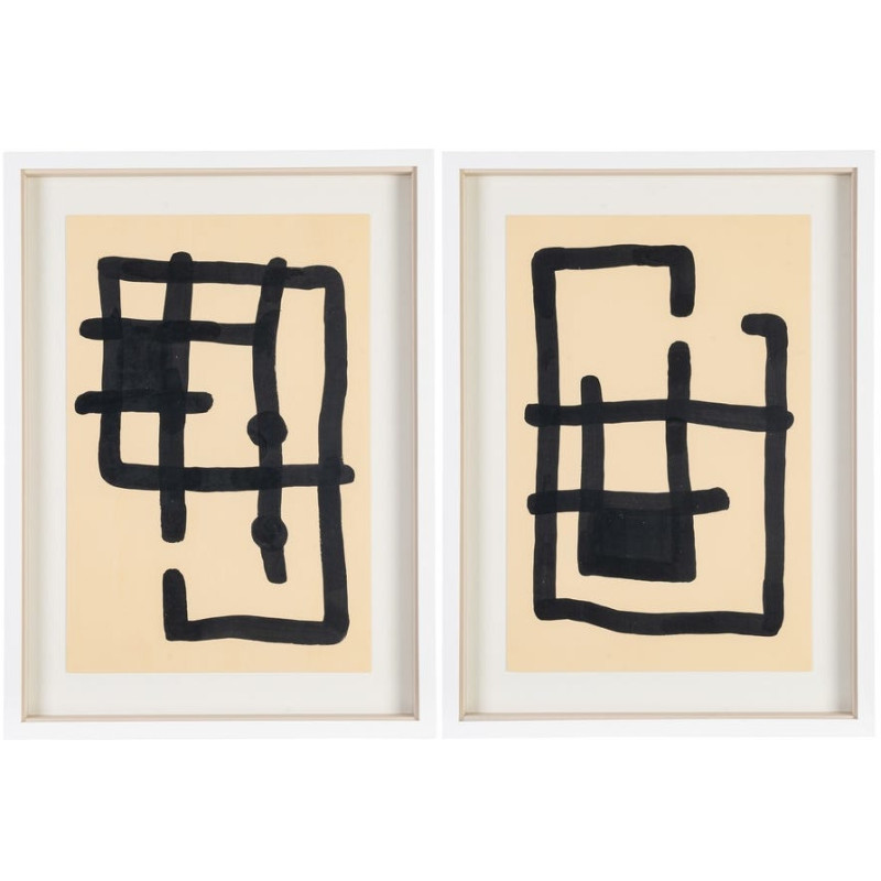 Tableau mural peint sous verre abstrait Noir & Beige Cadre Bois blanc naturel Coyan (Lot de 2)