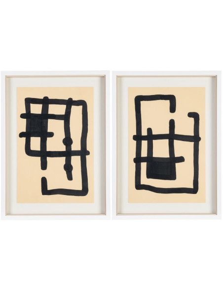 Tableau mural peint sous verre abstrait Noir & Beige Cadre Bois blanc naturel Coyan (Lot de 2)