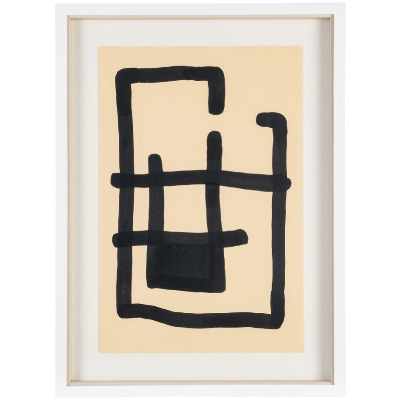 Tableau mural peint sous verre abstrait Noir & Beige Cadre Bois blanc naturel Coyan (Lot de 2) 