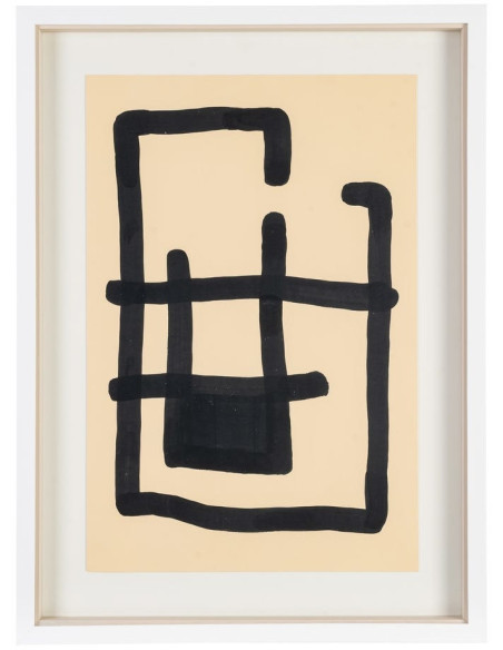 Tableau mural peint sous verre abstrait Noir & Beige Cadre Bois blanc naturel Coyan (Lot de 2) 