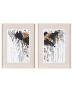 Tableau mural peint sous verre Taches Noir Gris & Doré Cadre Bois d'ayous noir 60x80 Varen (Lot de 2)