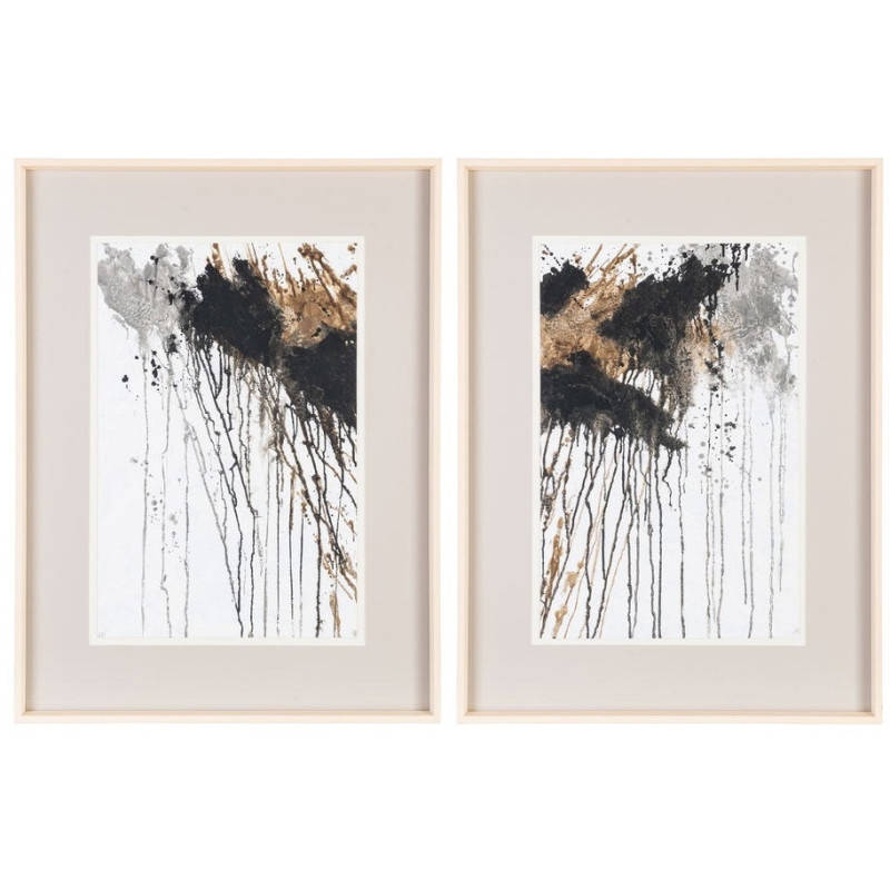 Tableau mural peint sous verre Taches Noir Gris & Doré Cadre Bois d'ayous noir 60x80 Varen (Lot de 2)
