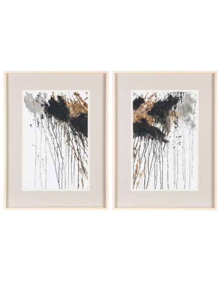 Tableau mural peint sous verre Taches Noir Gris & Doré Cadre Bois d'ayous noir 60x80 Varen (Lot de 2)