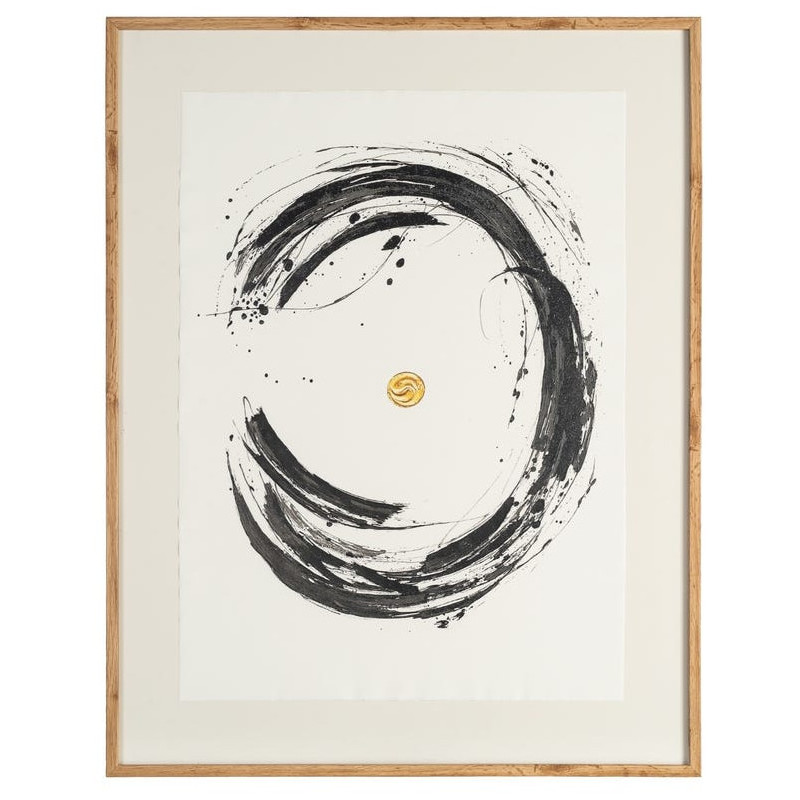 Grand Tableau sous verre mural abstrait Noir & Or Cadre MDF effet hêtre 76x98 Wielo