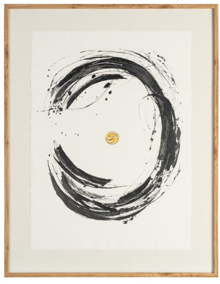 Grand Tableau sous verre mural abstrait Noir & Or Cadre MDF effet hêtre 76x98 Wielo