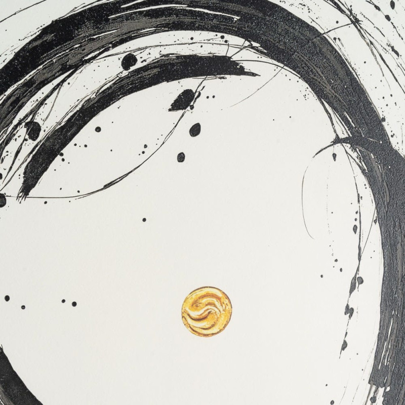 Grand Tableau sous verre mural abstrait Noir & Or Cadre MDF effet hêtre 76x98 Wielo 