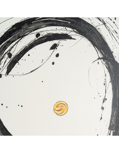 Grand Tableau sous verre mural abstrait Noir & Or Cadre MDF effet hêtre 76x98 Wielo 