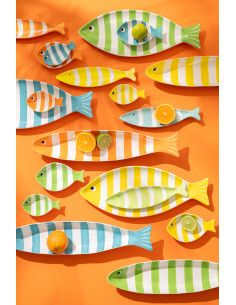 Lot de 4 Grands Plats style bord de mer Poisson 42 cm Porcelaine Bleu Jaune Orange Vert Motif rayures Zeevis J-Line - 2