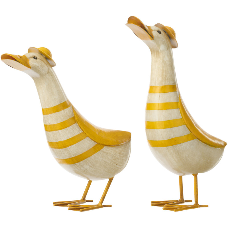 Lot de 2 Canards déco design H 36 cm Métal Jaune Blanc crème Motif rayures Eend J-Line - 1