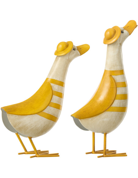 Lot de 2 Canards déco design H 36 cm Métal Jaune Blanc crème Motif rayures Eend J-Line - 2