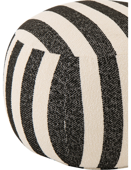 Pouf design bord de mer Rond 61 cm Tissu Noir Blanc crème Motif rayures Bois Lijnen