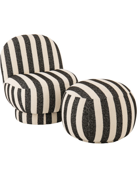 Fauteuil design bord de mer Tissu Noir Blanc crème Motif rayures Bois Lijnen