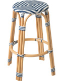 Tabouret de bar extérieur Bord de mer Rond H 66 cm Rotin Naturel Plastique Bleu foncé Blanc Geo