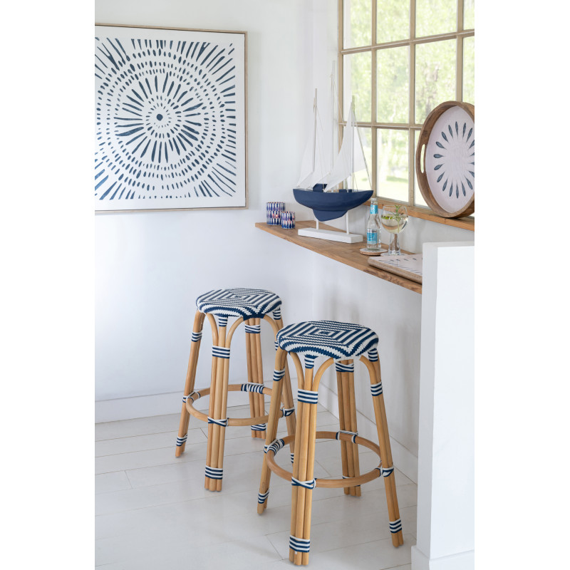 TABOURET GEO ROTIN BLEU/BLANC (53x53x66cm) 