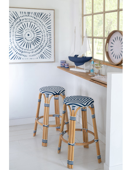 TABOURET GEO ROTIN BLEU/BLANC (53x53x66cm) 