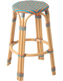 Tabouret de bar extérieur Geo H66 cm en rotin naturel et tressage bleu orange