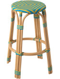Tabouret de bar extérieur Bord de mer Rond H 66 cm Rotin Naturel Plastique Jaune Bleu azur Geo