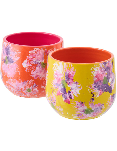 Lot de 2 Cache-pots bohème chic Rond D 17 cm Céramique Jaune Orange Motif fleurs Florika