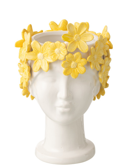 CACHEP DAM FLEU CÉRAM BLA/JAU (17x16,5x24,5cm) 