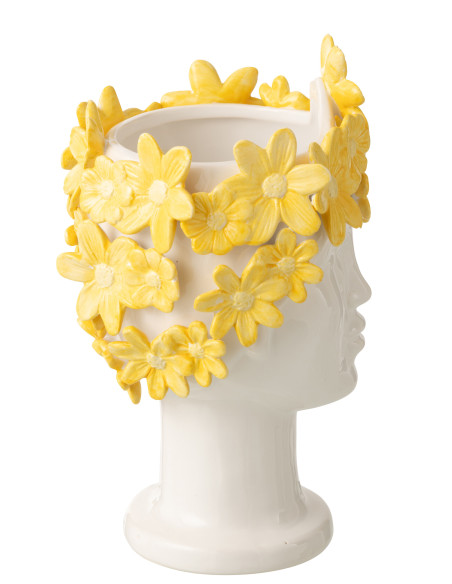 CACHEP DAM FLEU CÉRAM BLA/JAU (17x16,5x24,5cm) 