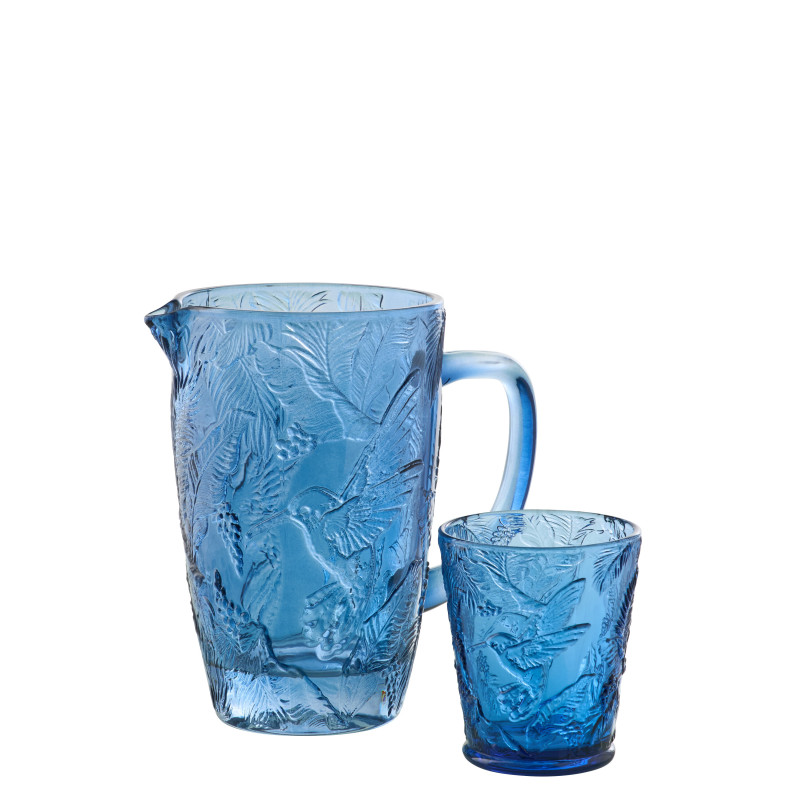 CARAFE OISEAUX VERRE BLEU (19x12,5x19,5cm) 