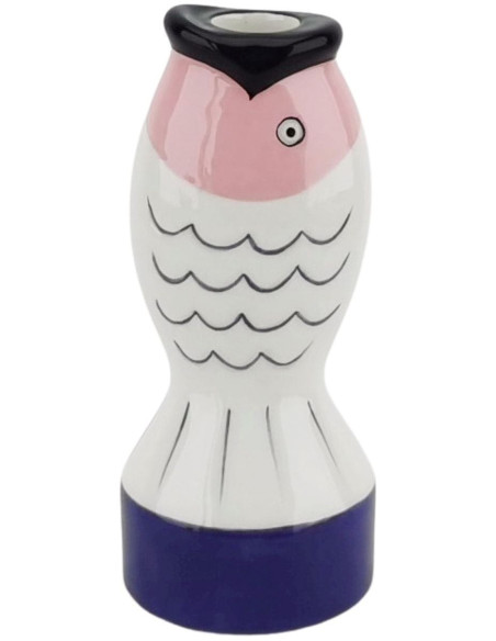 Bougeoir originale moderne Poisson Hauteur 16 cm Céramique Bleu Blanc Rose Fish 