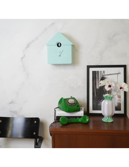 Horloge murale moderne Coucou Nichoir Hauteur 27 cm Plastique Vert menthe Blanc Cucko 