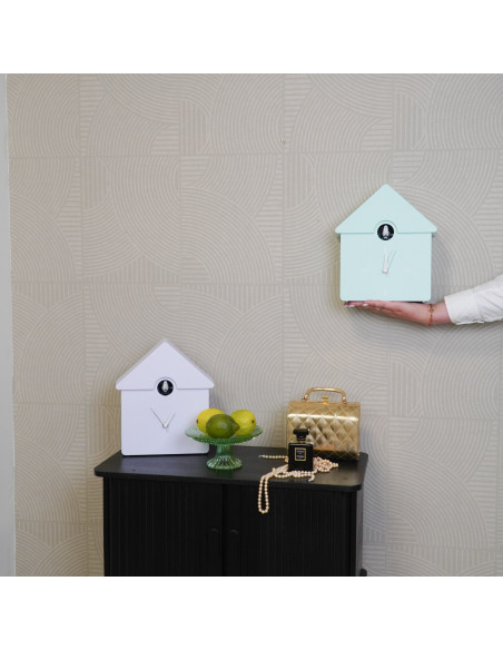 Horloge murale moderne Coucou Nichoir Hauteur 27 cm Plastique Vert menthe Blanc Cucko 