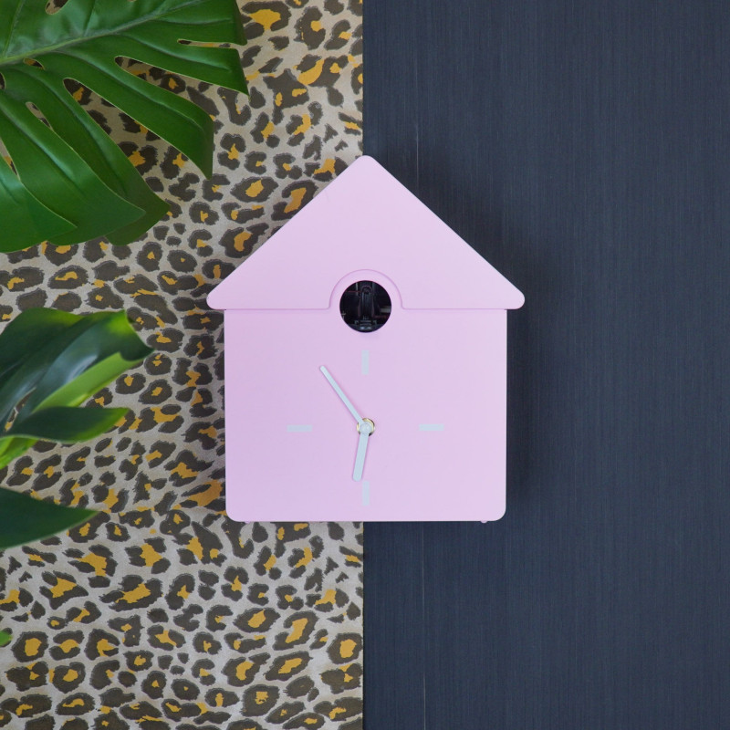 Horloge murale moderne Coucou Nichoir Hauteur 27 cm Plastique Rose clair Blanc Cucko 