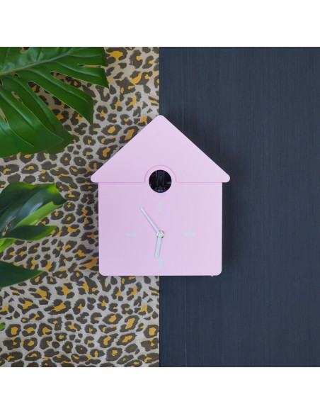 Horloge murale moderne Coucou Nichoir Hauteur 27 cm Plastique Rose clair Blanc Cucko 