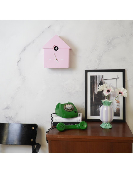 Horloge murale moderne Coucou Nichoir Hauteur 27 cm Plastique Rose clair Blanc Cucko 