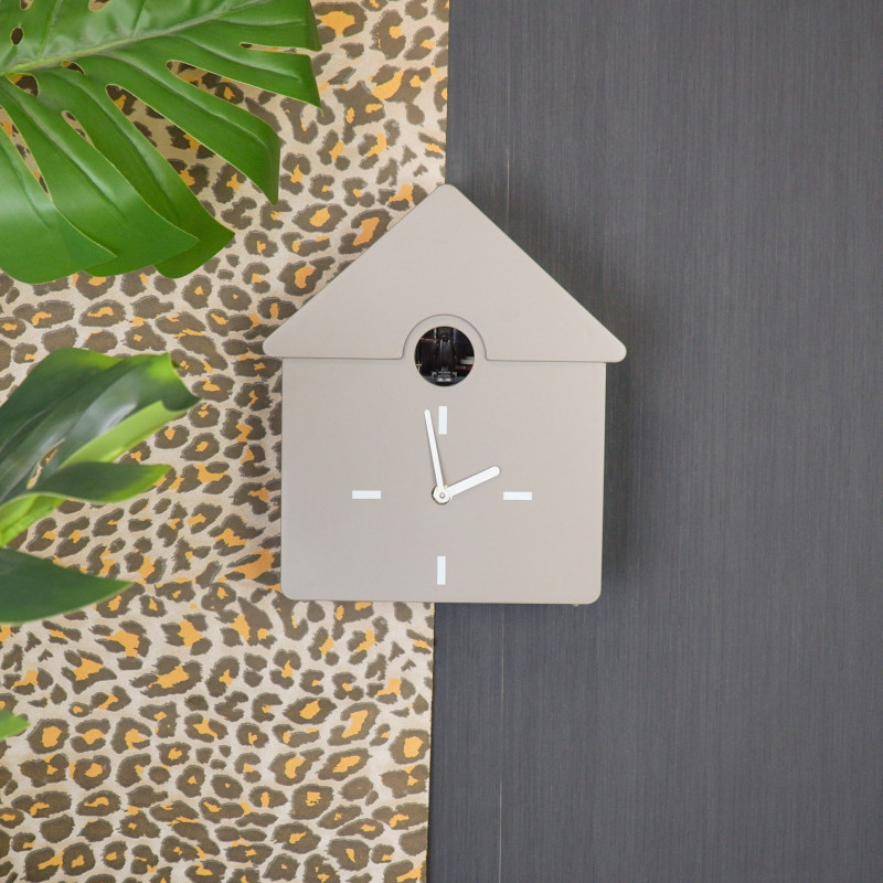 Horloge murale moderne Coucou Nichoir Hauteur 27 cm Plastique Taupe Blanc Cucko 