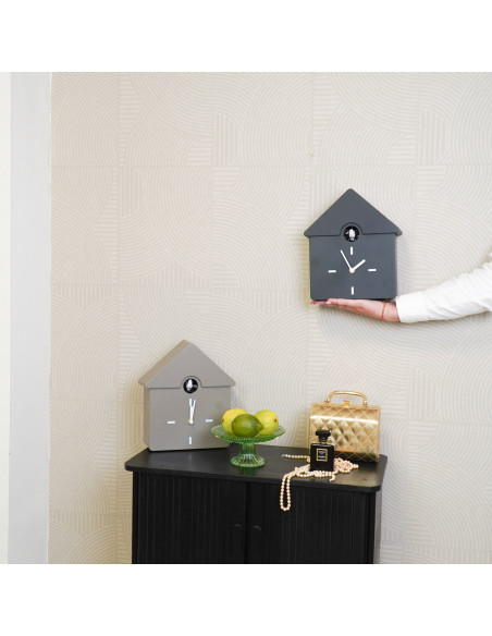 Horloge murale moderne Coucou Nichoir Hauteur 27 cm Plastique Taupe Blanc Cucko 