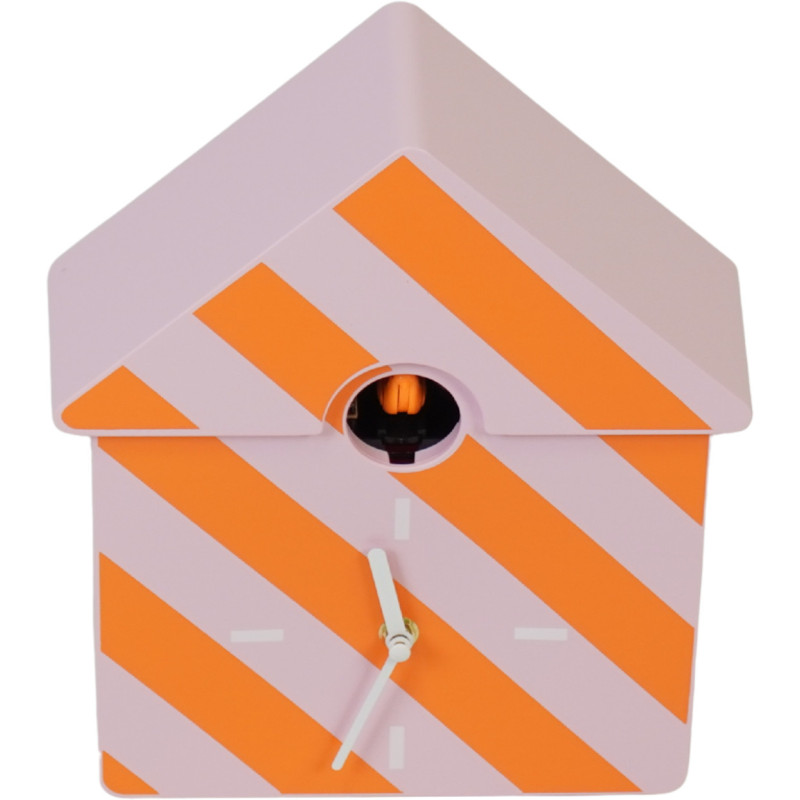 Horloge murale moderne Coucou Nichoir Hauteur 27 cm Plastique Rose Orange Motif rayures Cucko 