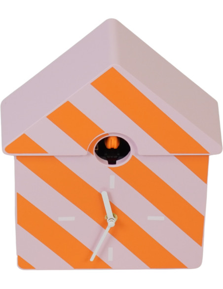Horloge murale moderne Coucou Nichoir Hauteur 27 cm Plastique Rose Orange Motif rayures Cucko 