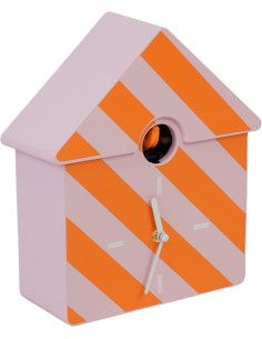 Horloge murale moderne Coucou Nichoir Hauteur 27 cm Plastique Rose Orange Motif rayures Cucko