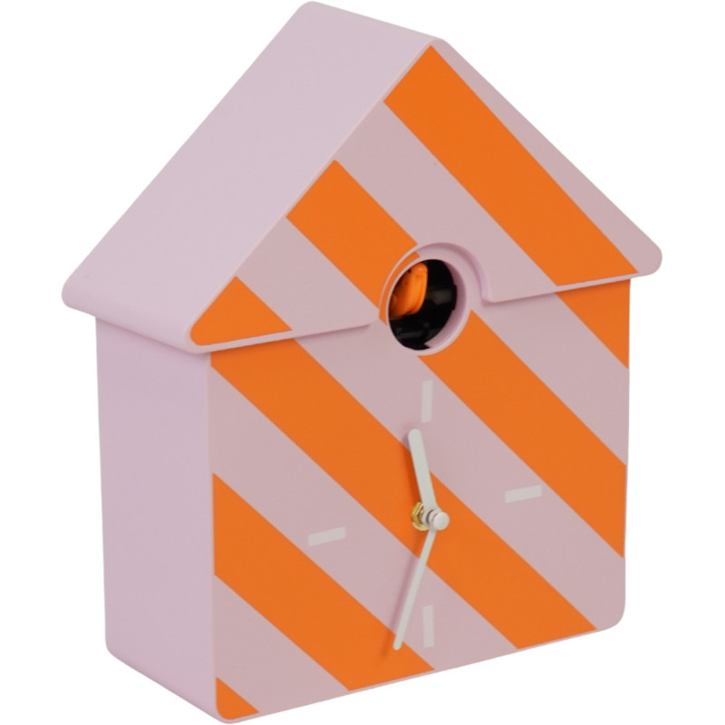 Horloge murale moderne Coucou Nichoir Hauteur 27 cm Plastique Rose Orange Motif rayures Cucko